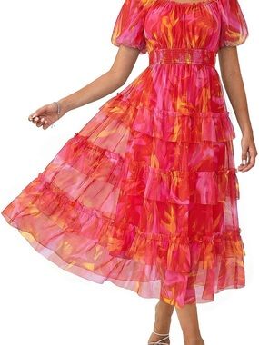 GRACE KARIN 2026 Summer Semi-Formal Dress | 2XL | Red Orange Puff Sleeve Midi
